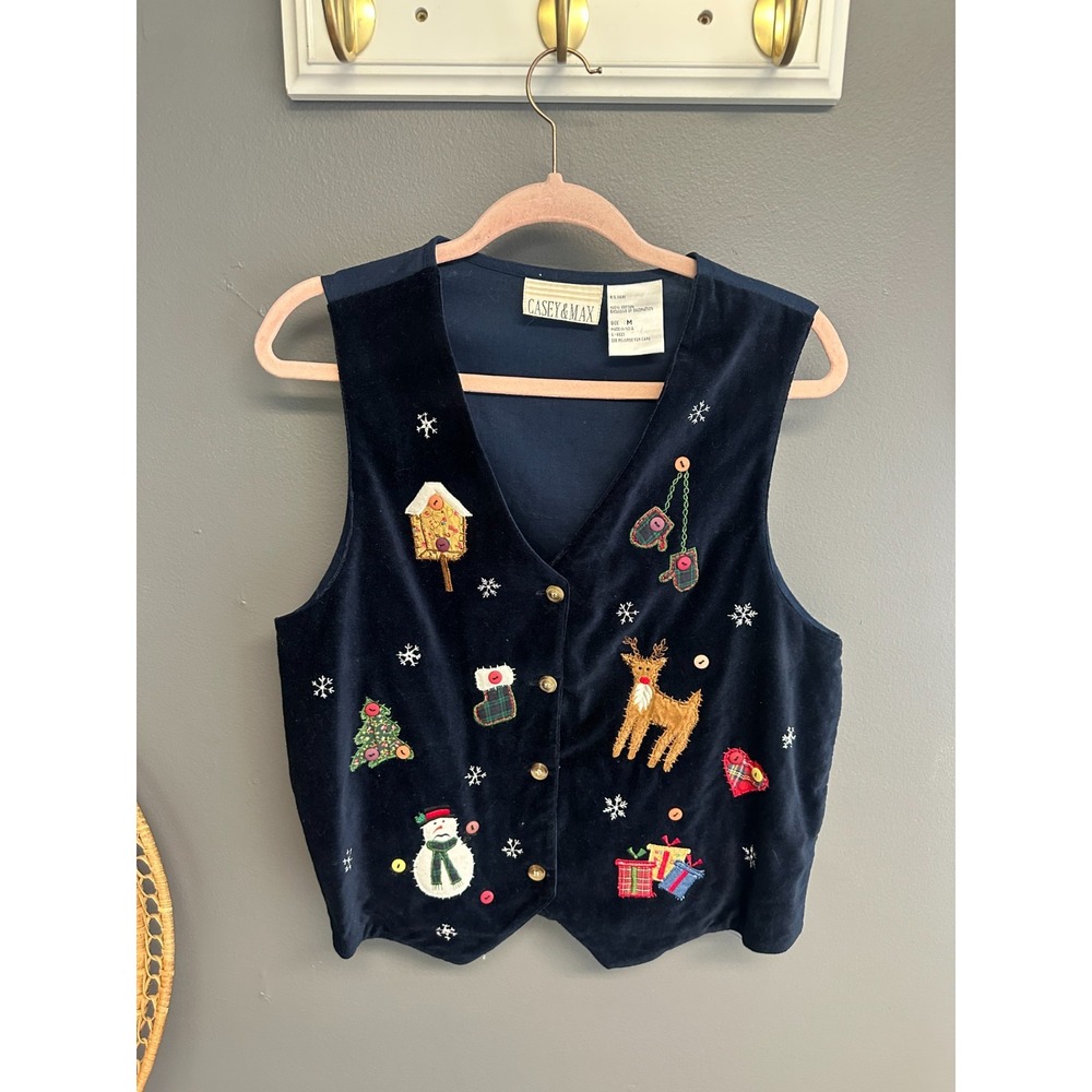 Vintage Casey & Max Velvet Vest Womens Sz M Embroidered Patch Christmas Cottage